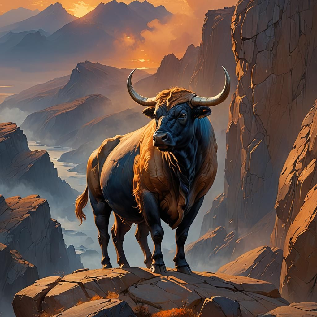 Golden Taurus Bull Gazing at Horizon: Fantasy Art