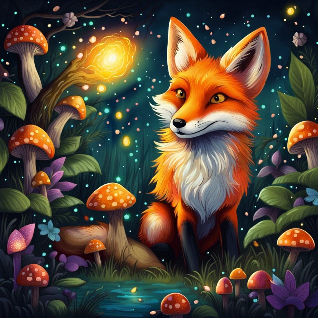 Whimsical Fox Chasing Fireflies in Magical Forest