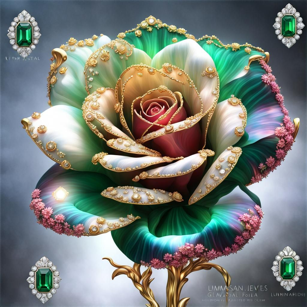 Luminescent Crystal Rose with Gold and Emerald Glow