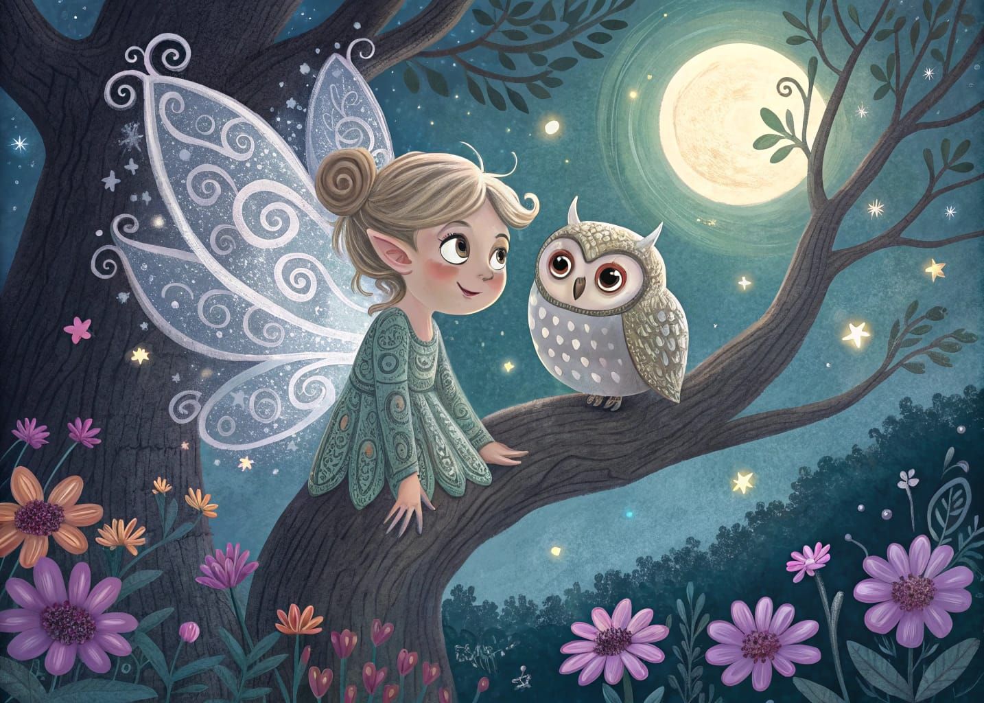 Whimsical Fairy and Owl Amidst Vibrant Night Blooms