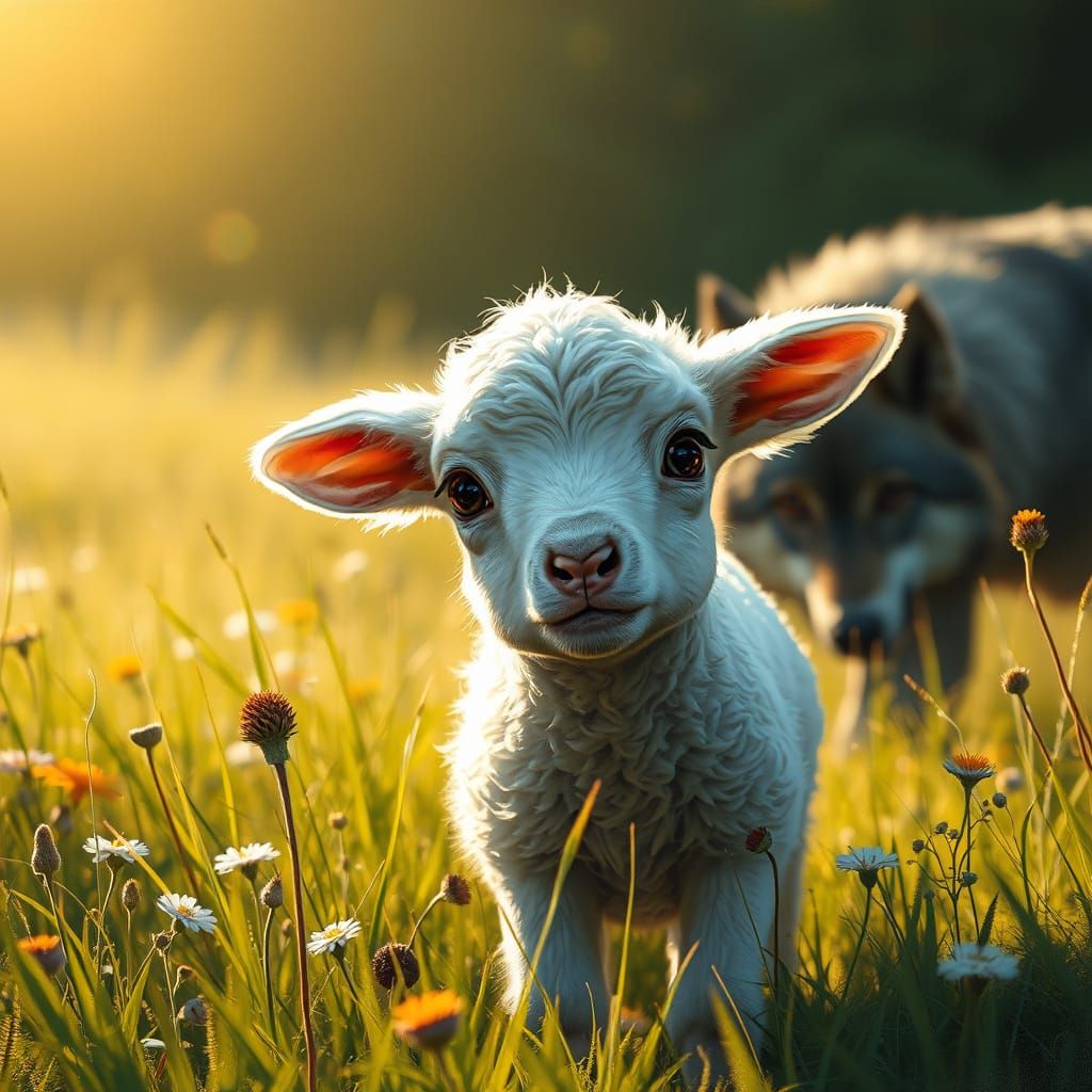 Lamb's Peril: Tense Meadow Encounter in Digital Painting Sty...