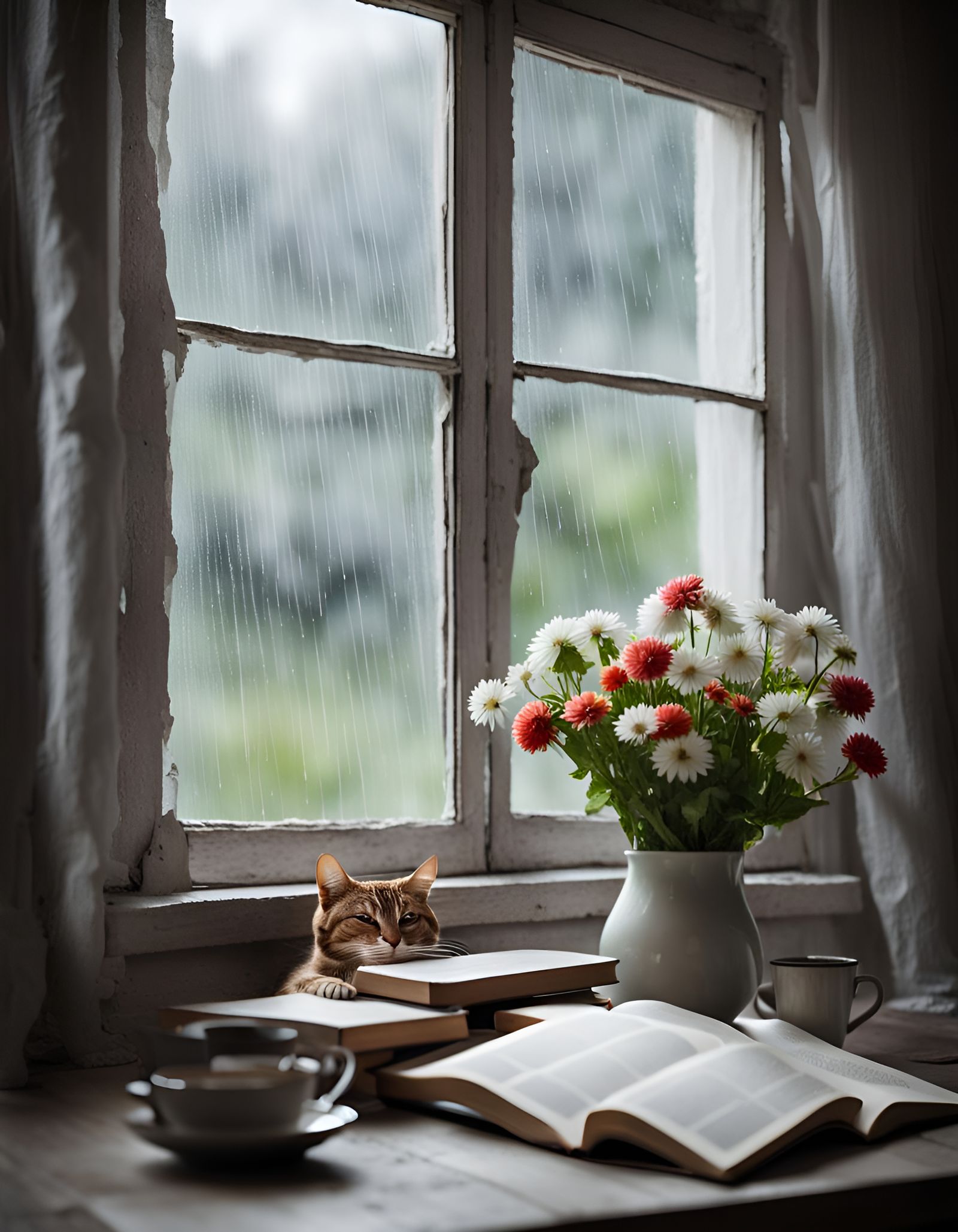 Rainy Day Interior with Sleeping Cat: 8K Photo