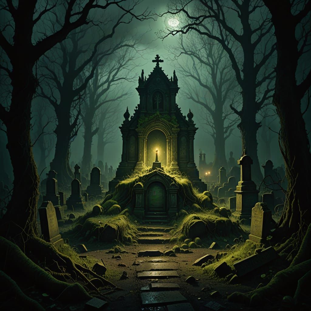 Dark Gothic Graveyard Scene with Glowing Vines and Torches