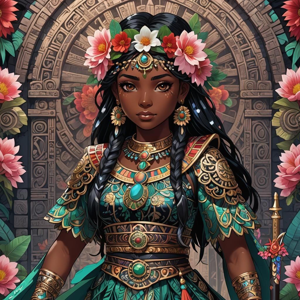 Anime Girl in Mayan Temple with Obsidian Sword