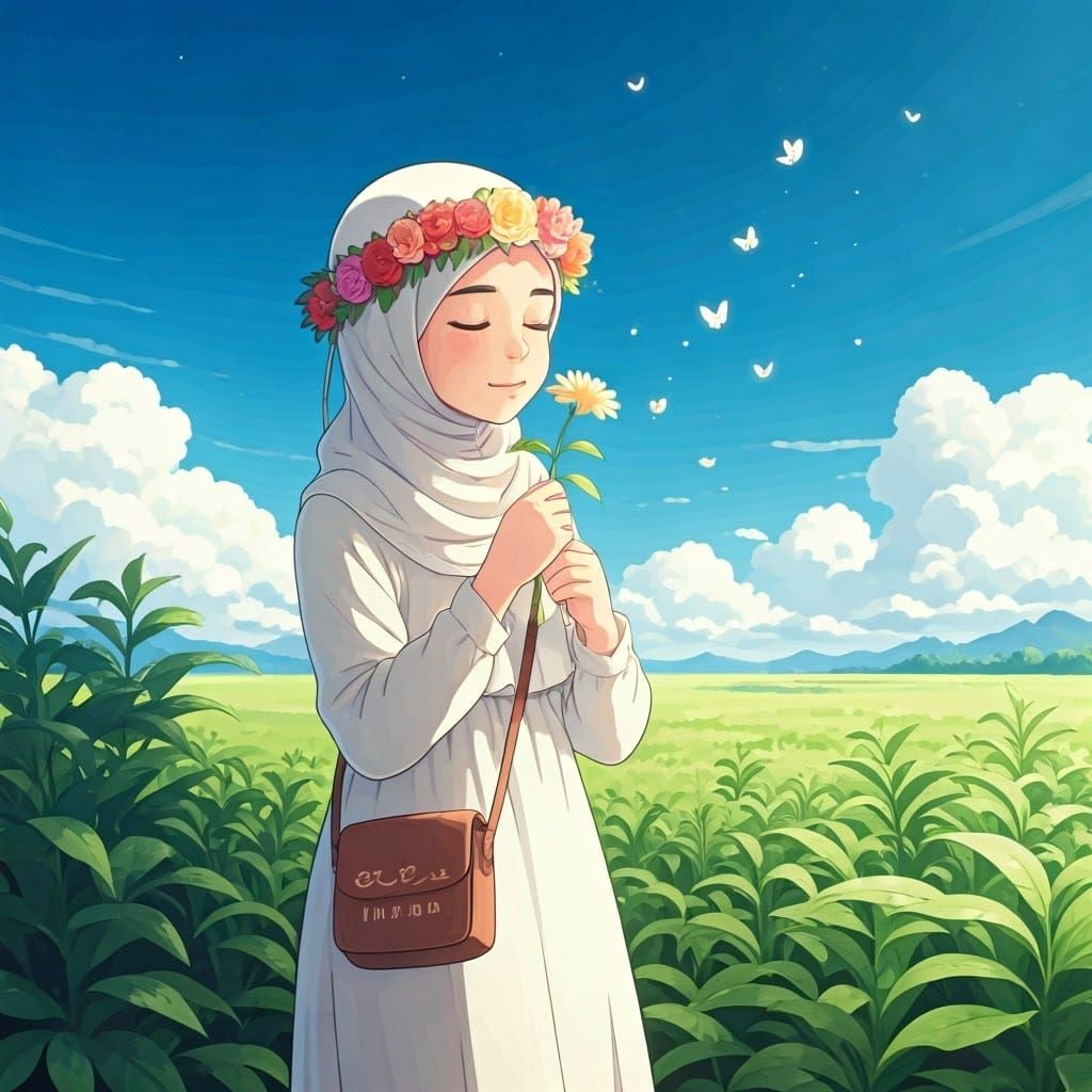 Girl with Floral Crown in Anime Style