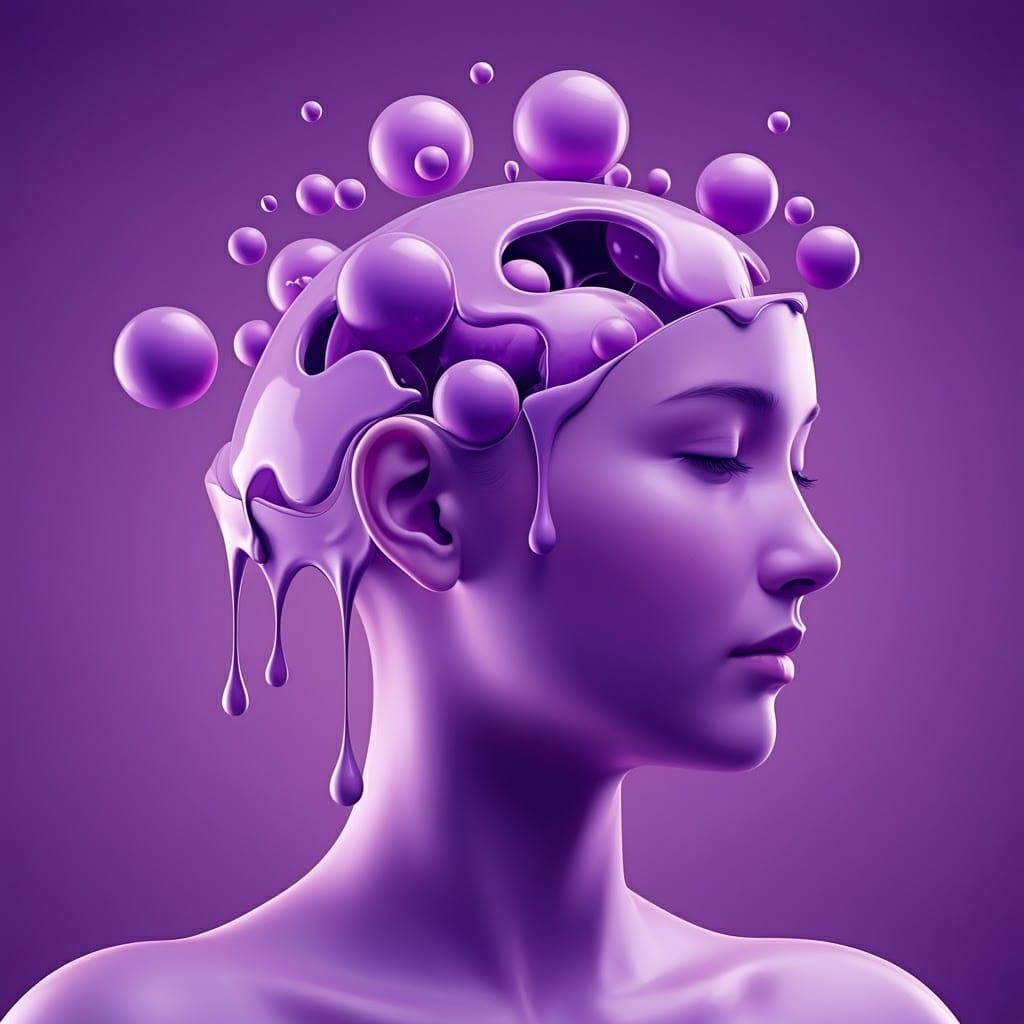 Surreal Portrait of Purple Woman with Melting Spheres