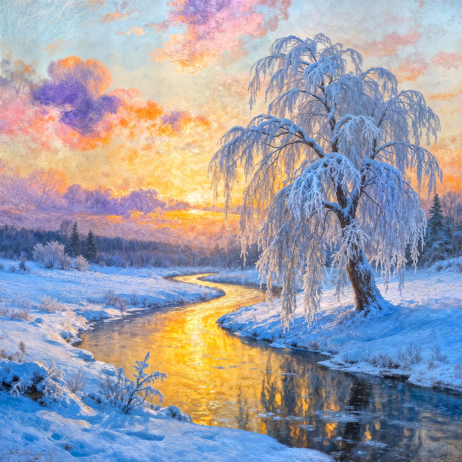 Serene Winter Sunrise Over Snowy River Landscape