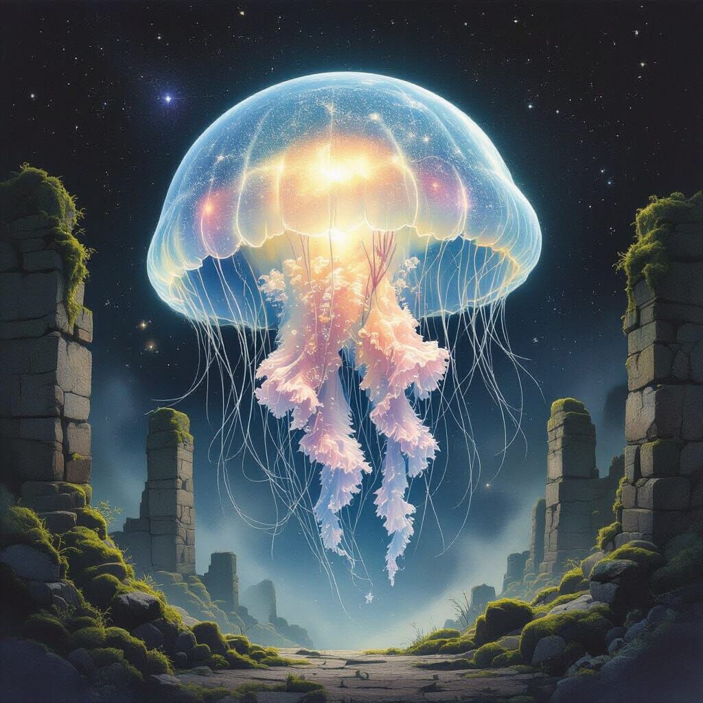 Bioluminescent Jellyfish Drifting Through Space with Nebulae