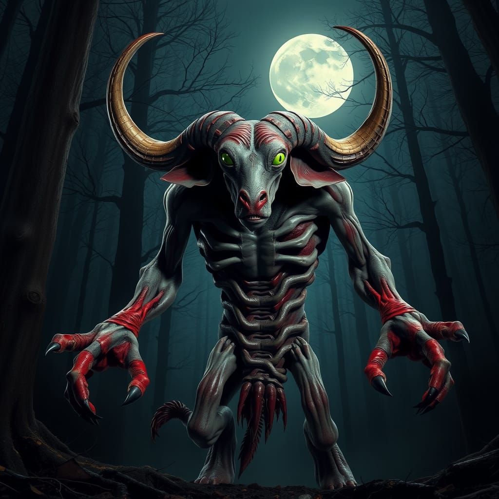 Terrifying Skinless Creature in Dark Forest