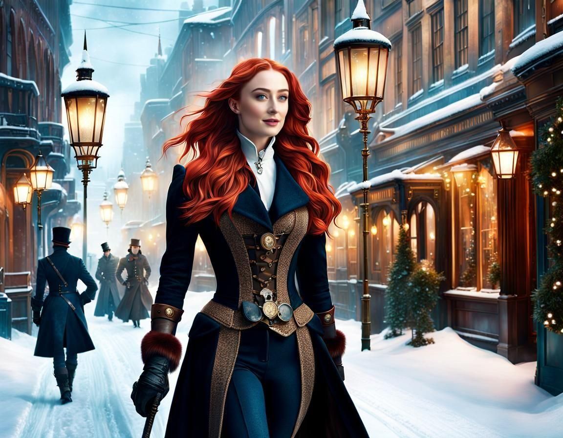 Steampunk Woman Walking in Snow-Covered City
