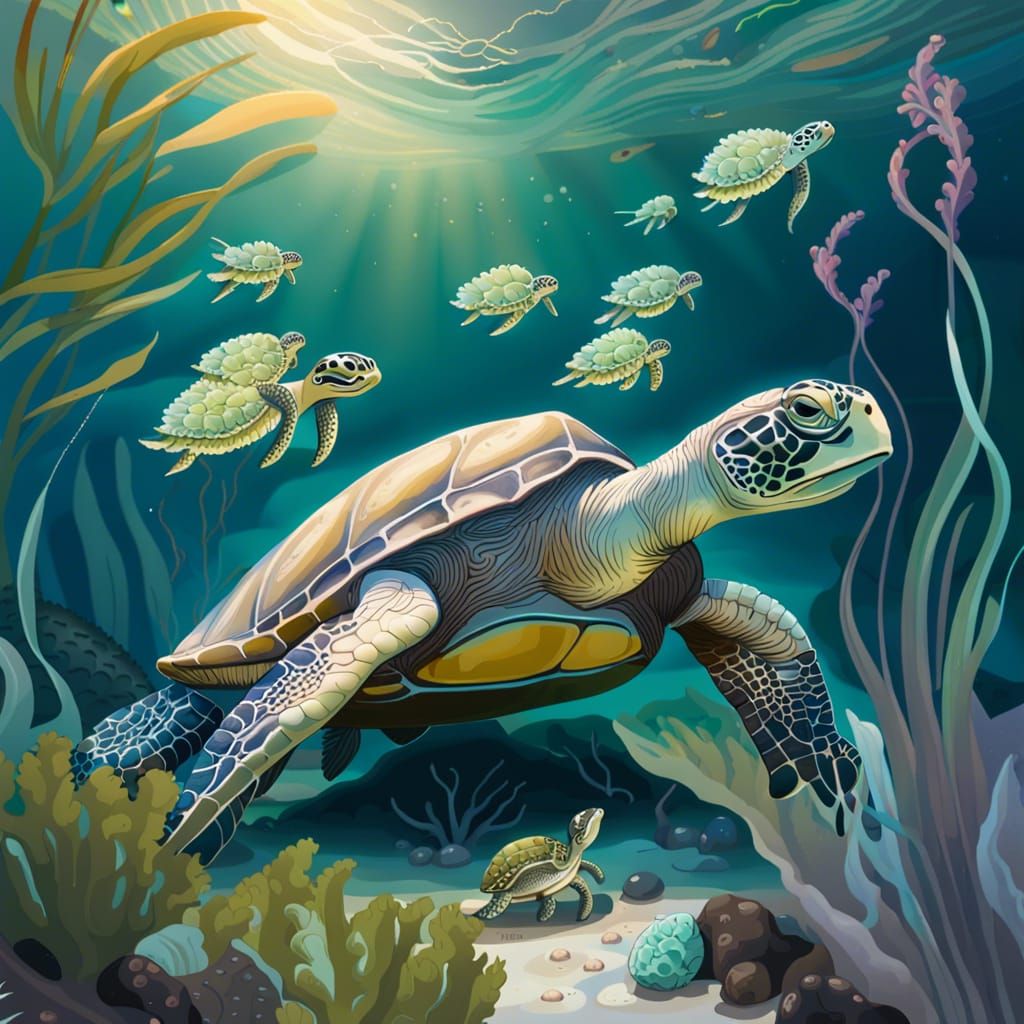 Sea Turtle Family Undersea Scene