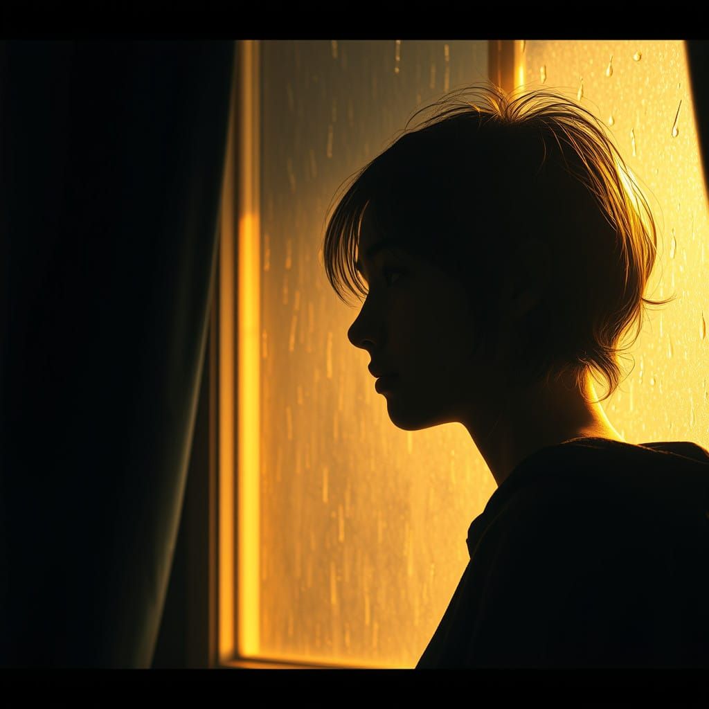 A Lonely Figure Lost in Thought by a Rain-Soaked Window