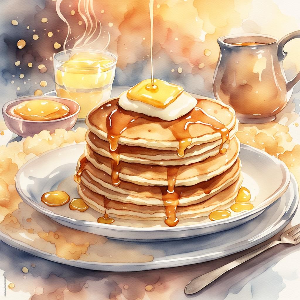 Pancakes with Butter and Honey in Watercolor Style
