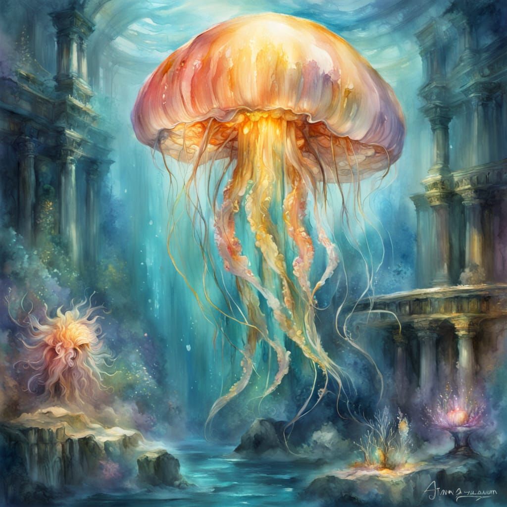 Jellyfish God in Underwater Ruins: Watercolour Fantasy