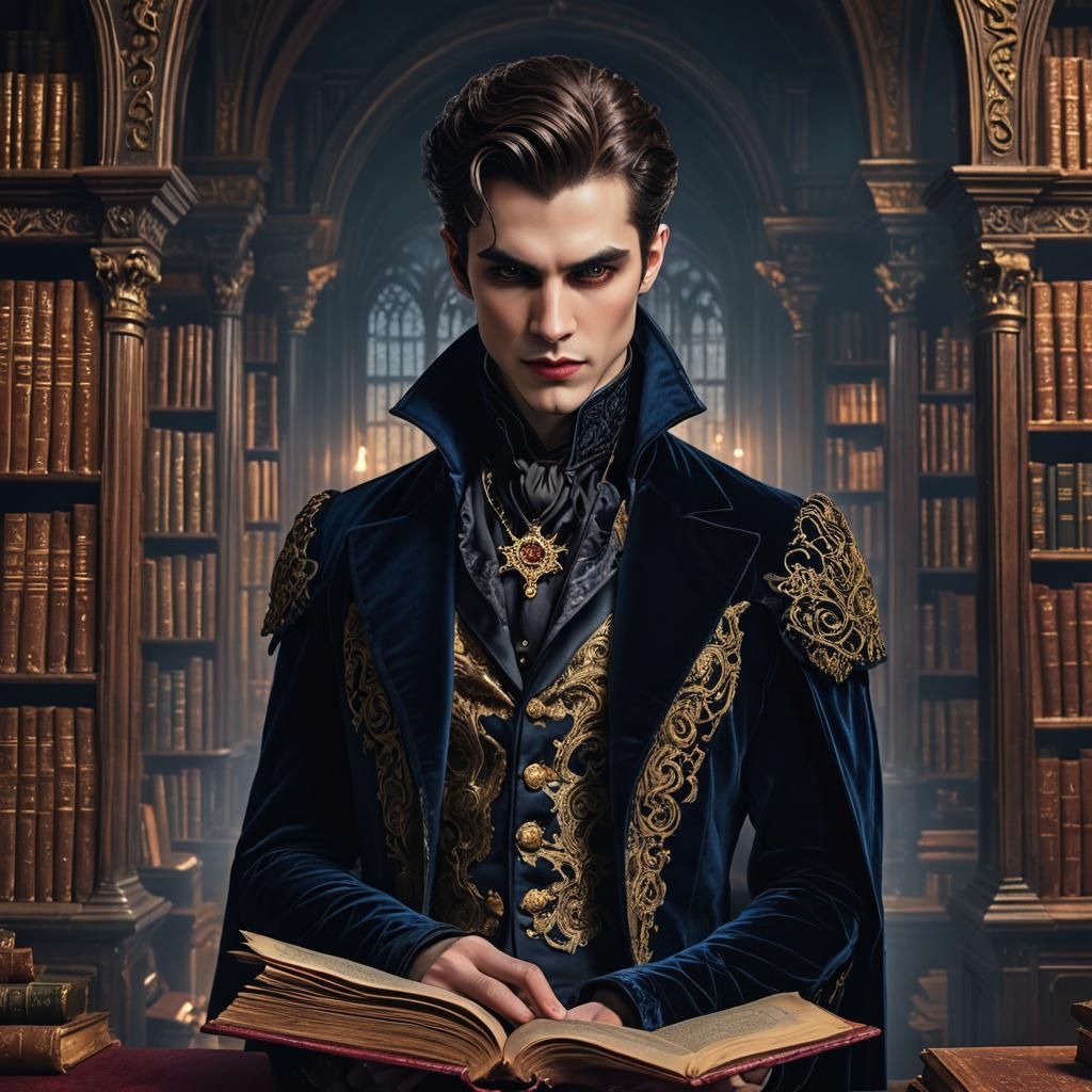 Young Vampire Reads in Library: Gothic Portrait