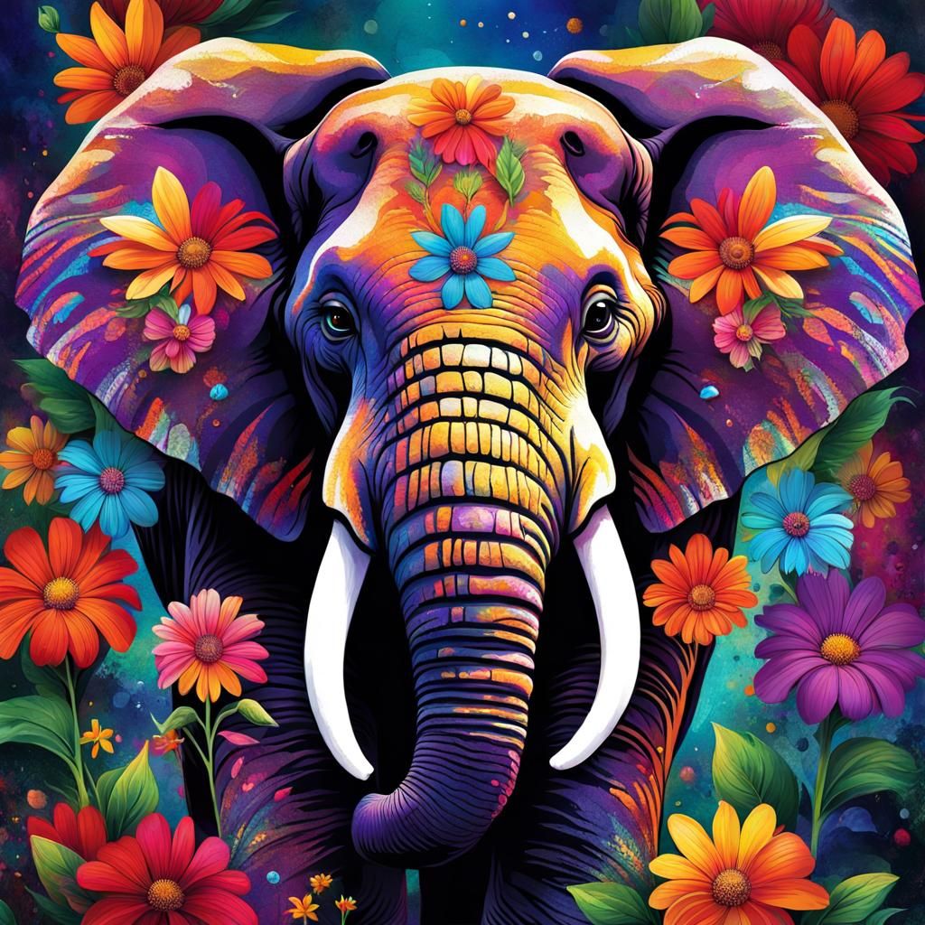 Colorful Elephant Face with Flowers in Psychedelic Grunge