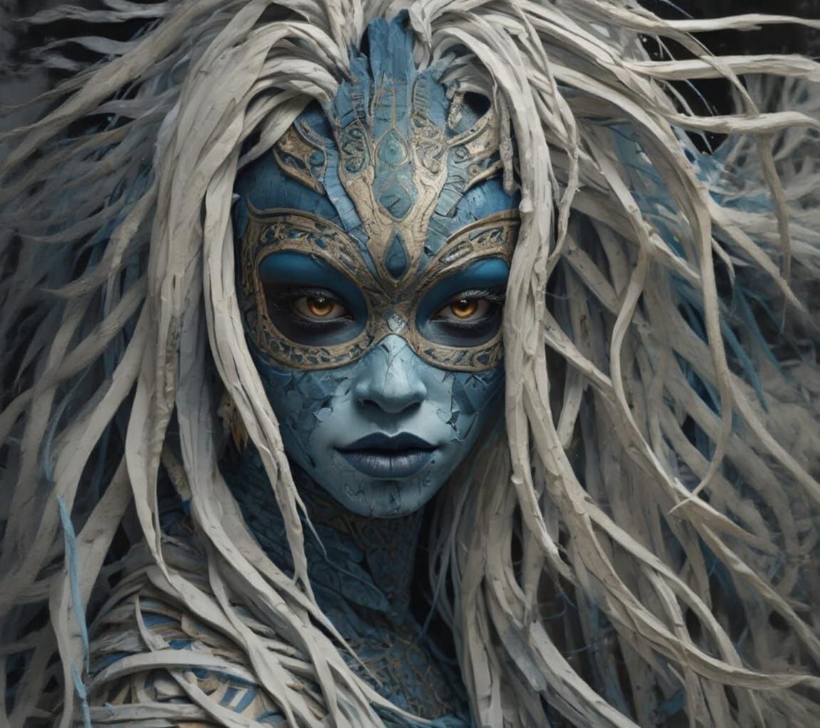 Mysterious Girl in African Mask: Impasto Portrait