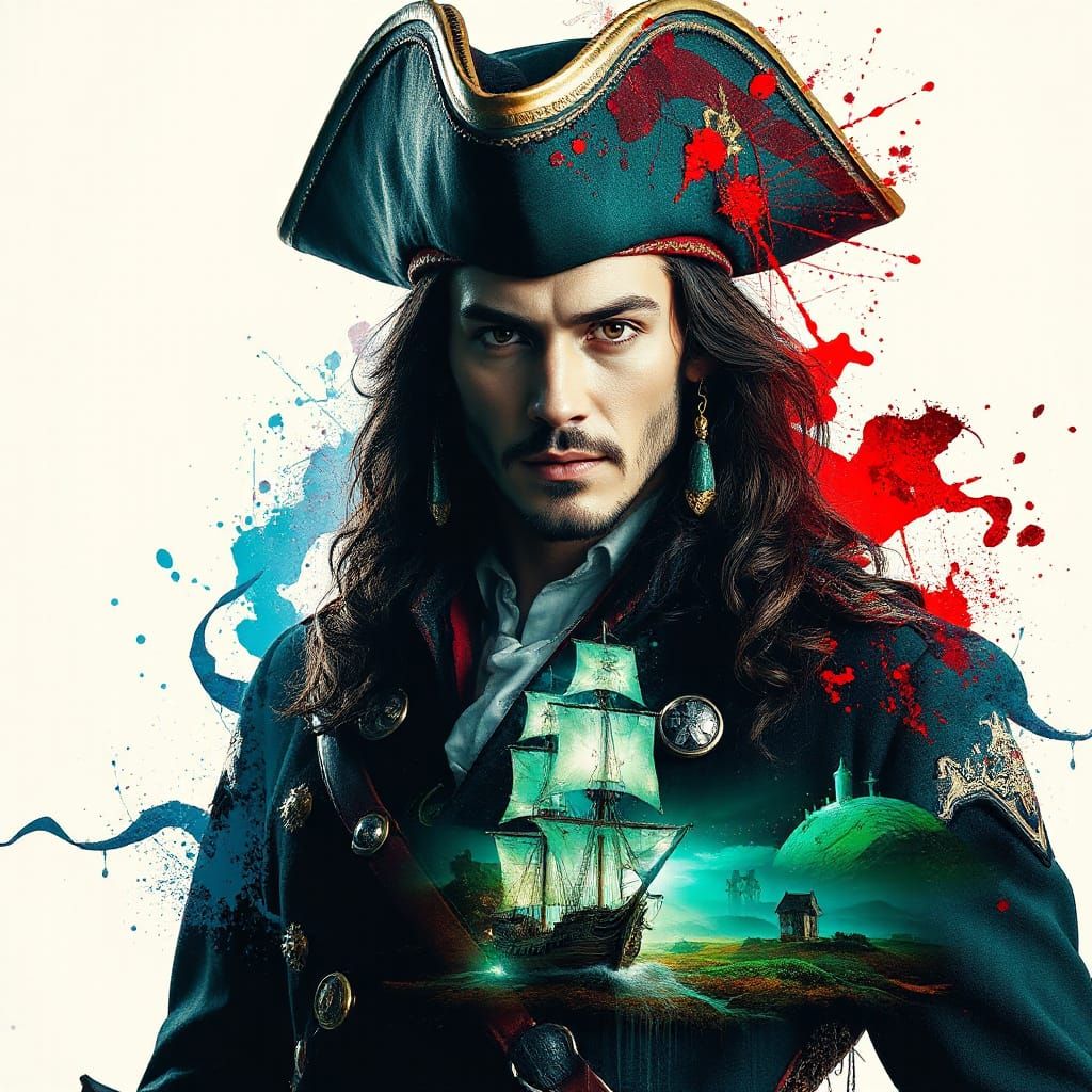 "Double exposure full portrait of a insanely majestic Captain Hook with galleon ship, glowing",...