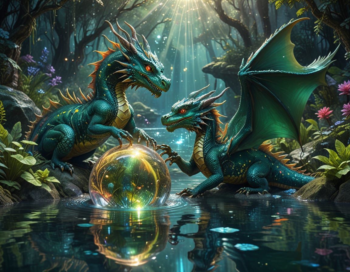 Majestic Water Dragons Swim in Harmony with Celestial Light