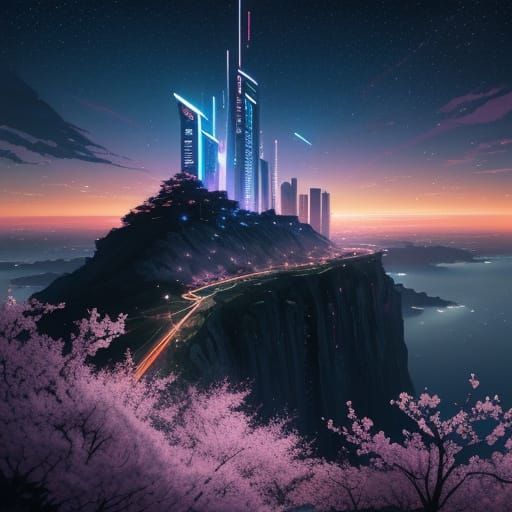 Anime Hero Overlooks Neon Futuristic City at Night