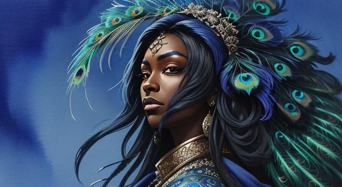 Peacock Feather Portrait in Watercolor Style