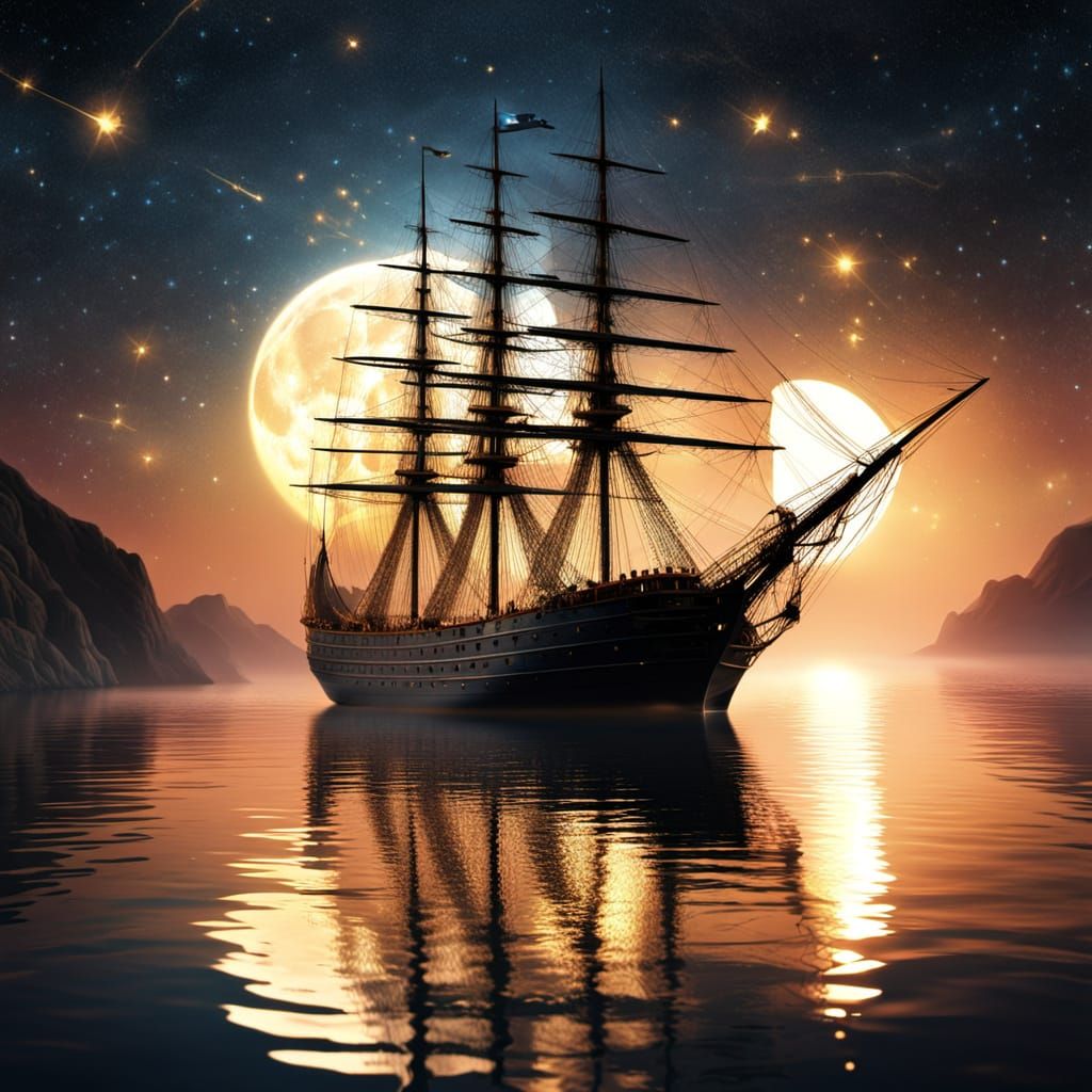 Celestial Sailing Ship at Night in Digital Art