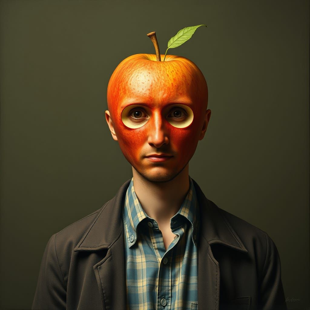 Mysterious Apple-Human Hybrid in a Dystopian Aesthetic