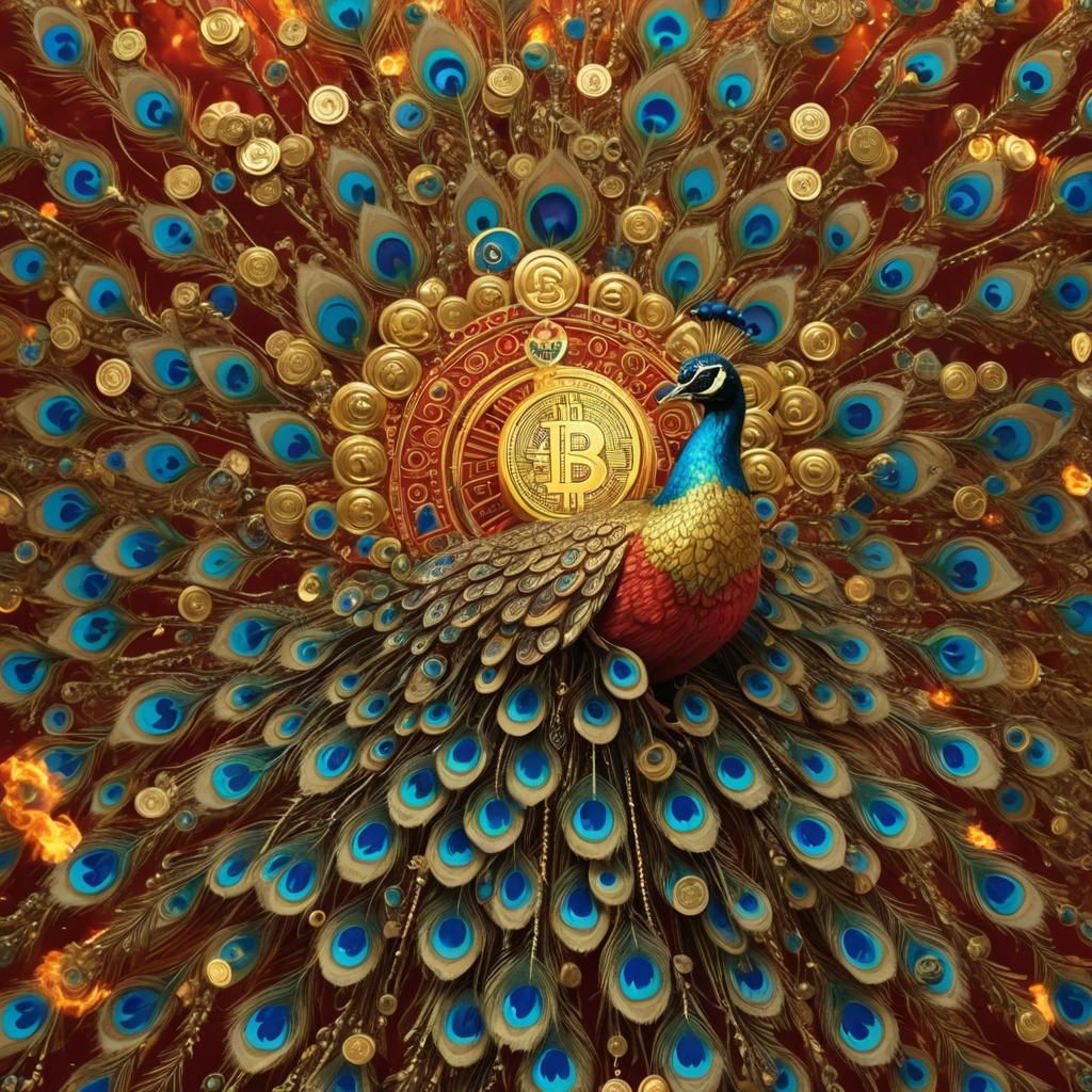 Fiery Bitcoin Peacock: High-Resolution Digital Art