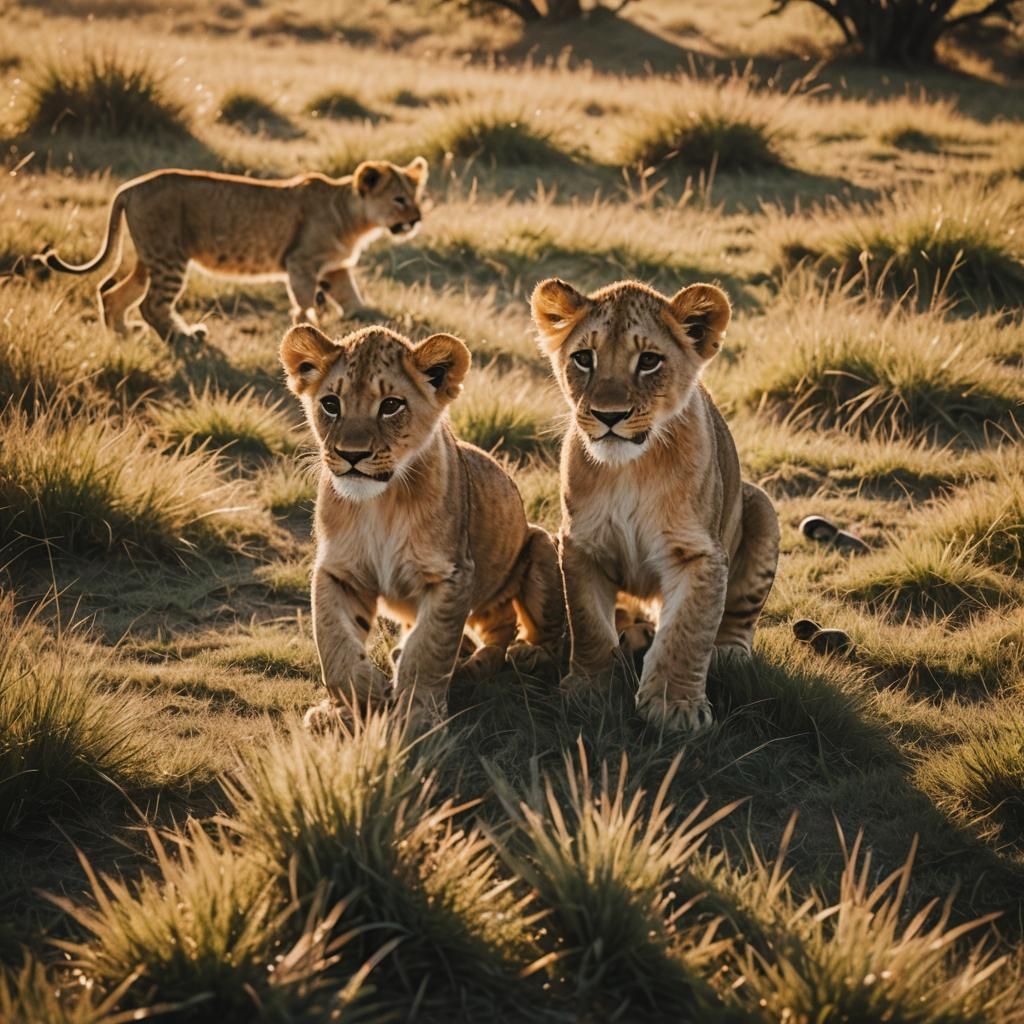 Lion Cubs Play in Golden Savannah Light