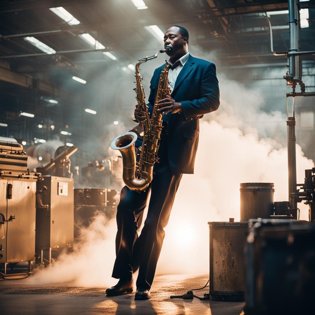 Jazz Saxophonist in Steampunk Factory: Cinematic Film Still