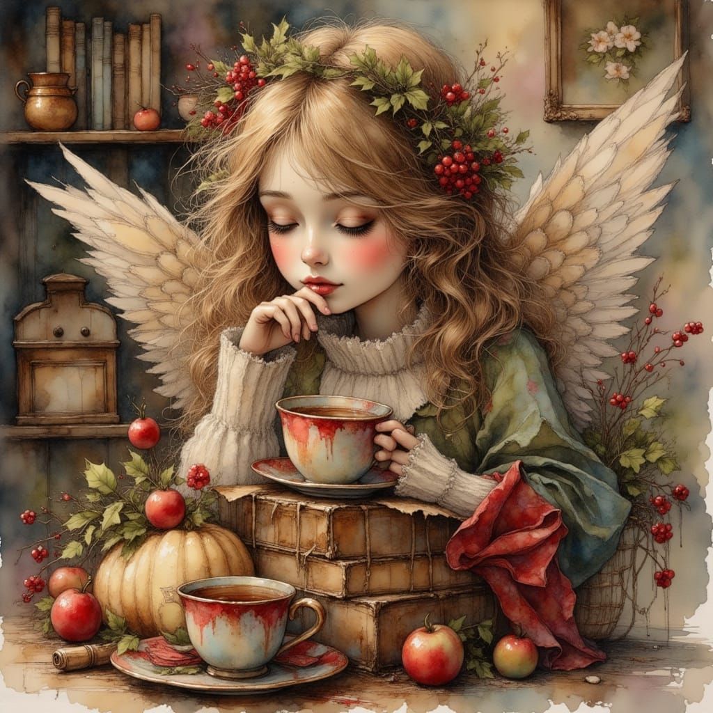 Christmas Angel Enjoys Morning Coffee
