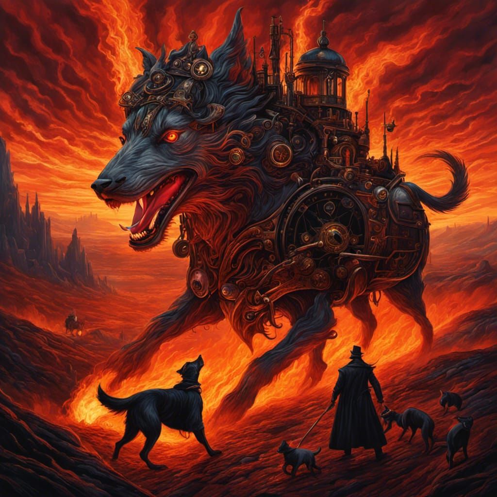 Steampunk Clockwork Hounds of Hell in Gothic Art