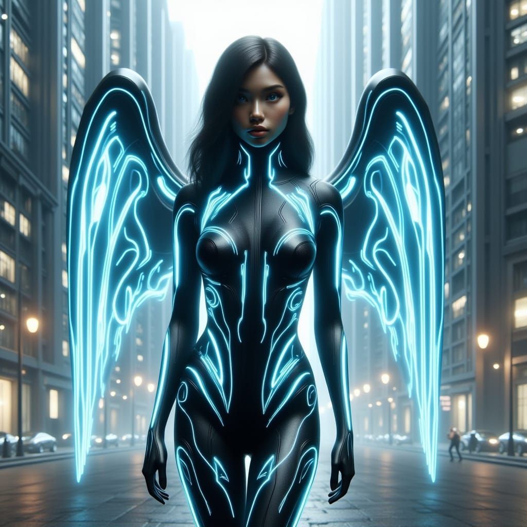 Cyberpunk Angel in Neon Cityscape