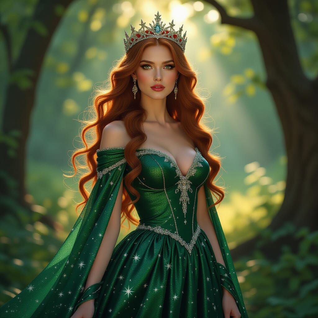 Regal Queen in Mystical Forest, Historical Fantasy Art