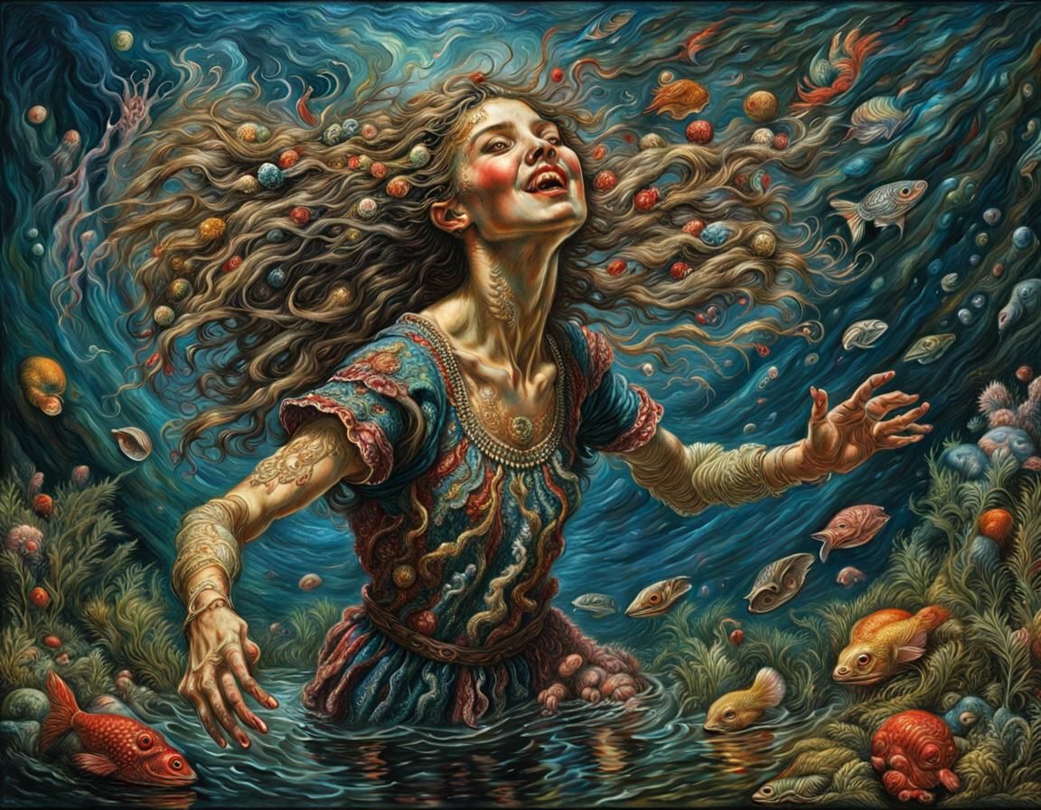 Romanian Naiad Dancing, Hyperdetailed Colorful Art