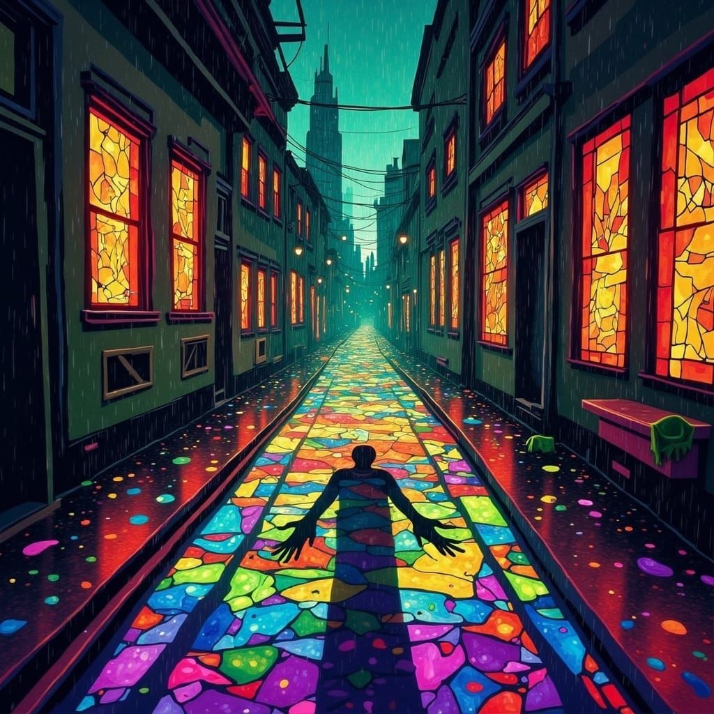 Rain-soaked Alley with Stained Glass and Shadow