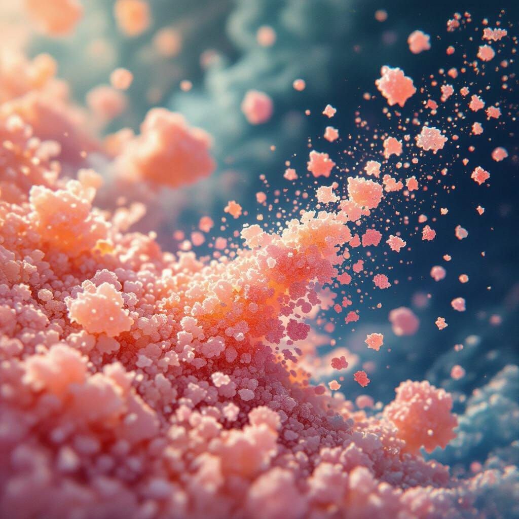Pink Salt Granules Dissolving: A Microscopic Surreal Scene