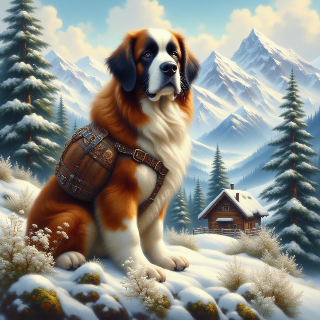 St Bernard Dog with Rum Barrel in Snowy Alps