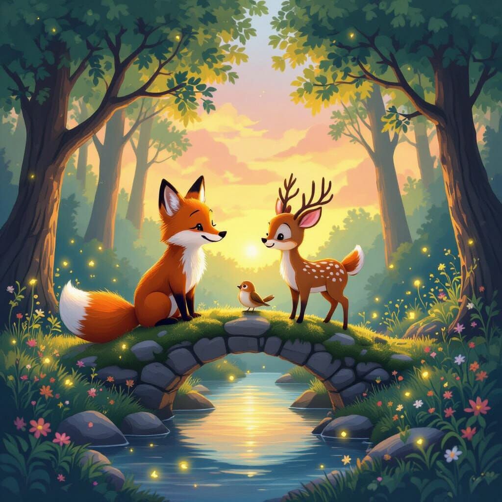 Whimsical Forest Celebration with Animals by a Bridge