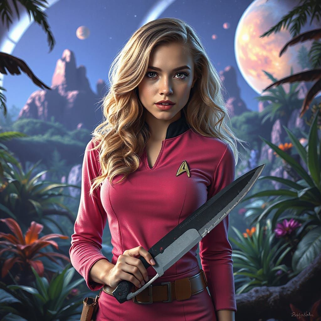 Woman in Star Trek Uniform Explores Space Jungle