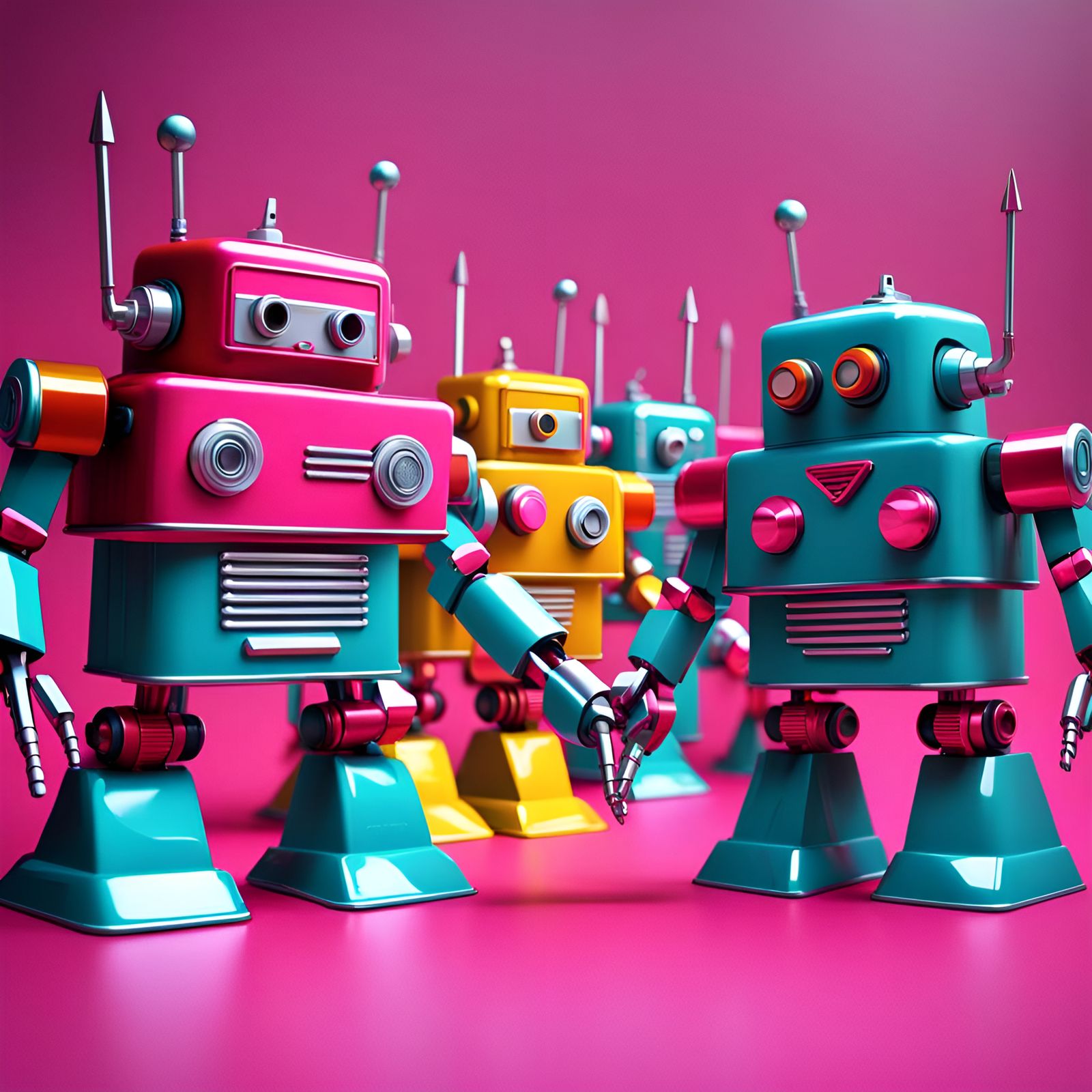 Classic Retro Super Cute Toy Tin Robots with a quintessential dash of vibrant, vivid neon colours Marching valiantly For...