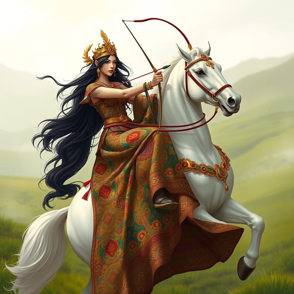 Elegant Iranian Warrior Rides White Horse, Holding Bow and A...