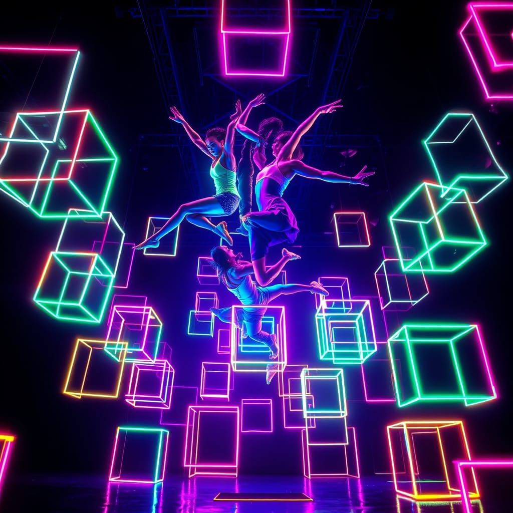 Acrobatic Dancers in Neon-Lit Futuristic Landscape