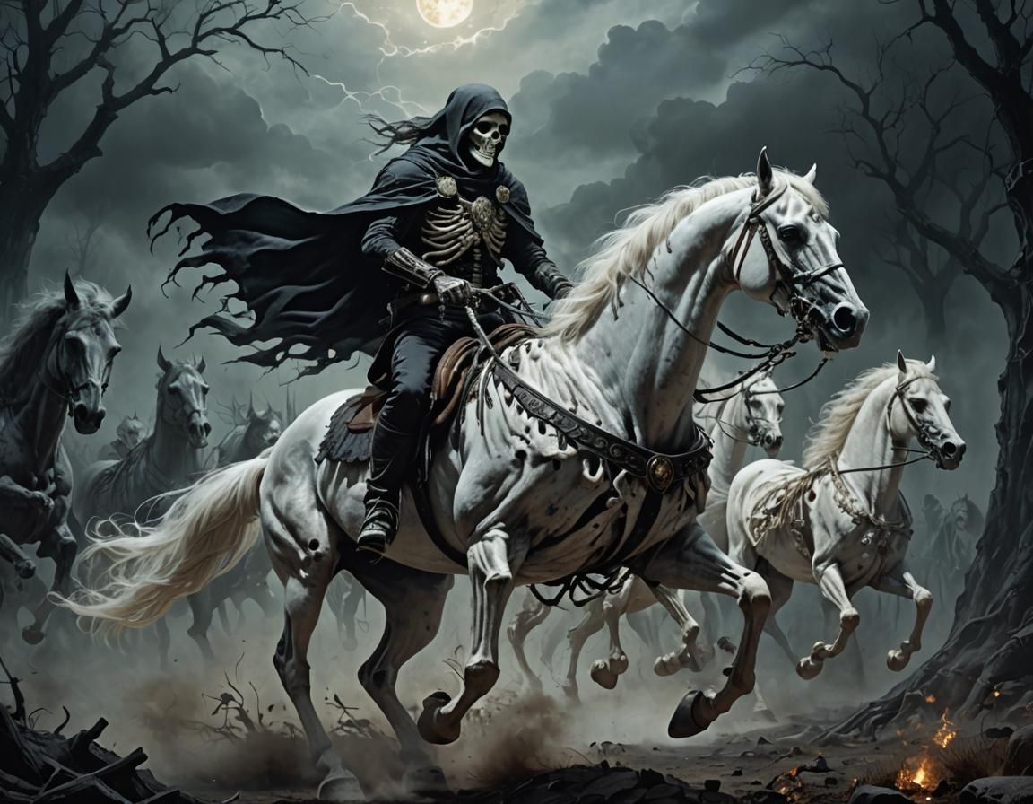 Skeleton Rider on White Horse in Dark Fantasy Scene
