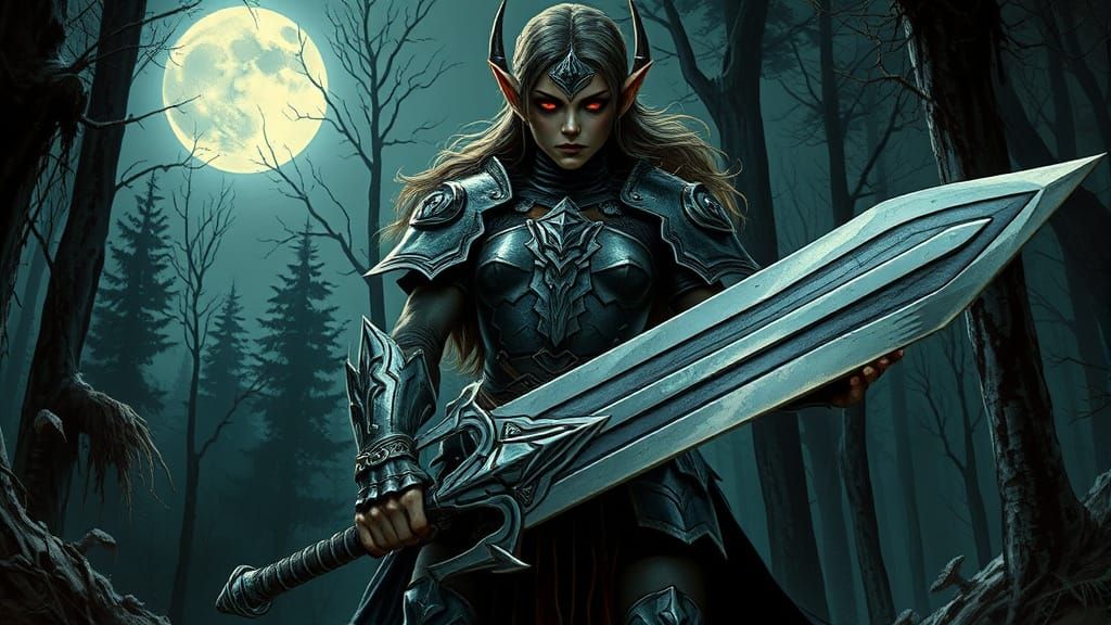 Gothic Elf Warrior in Moonlit Forest as Dark Art
