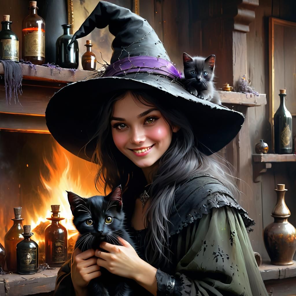 Witch and Kitten Portrait in Detailed Matte Painting Style