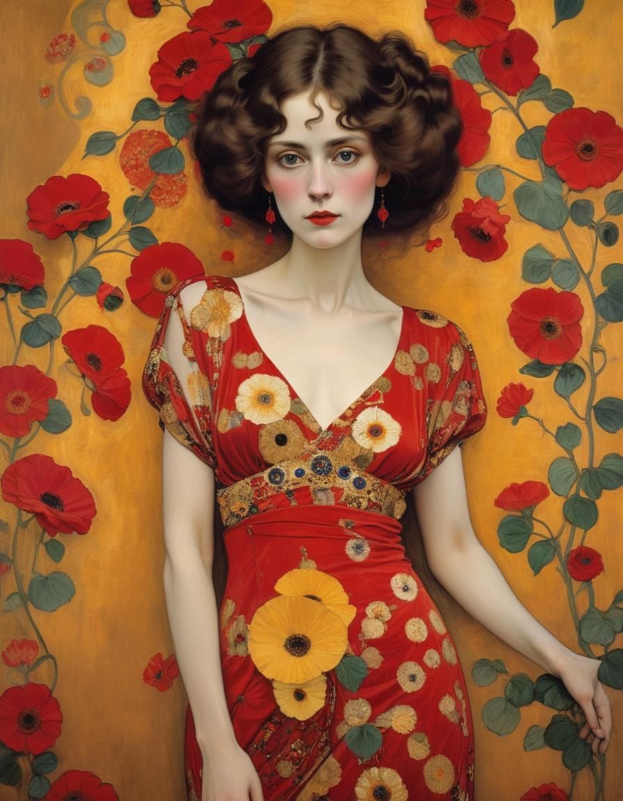 Woman in Red Dress: Klimt-Inspired Portrait