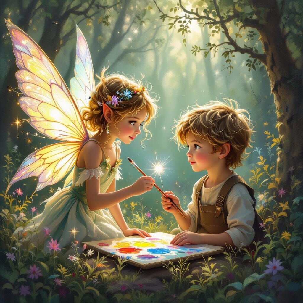 Fairy and Boy in Whimsical Forest, Ethereal Art