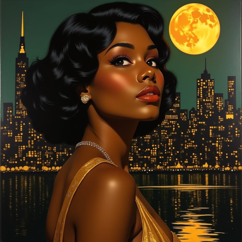 Elegant Afro-Asian Woman in 1920s Golden Moonlight Portrait