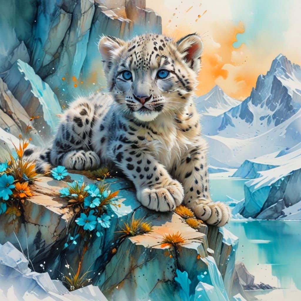 Snow Leopard Cub Above Turquoise Glacier Lake